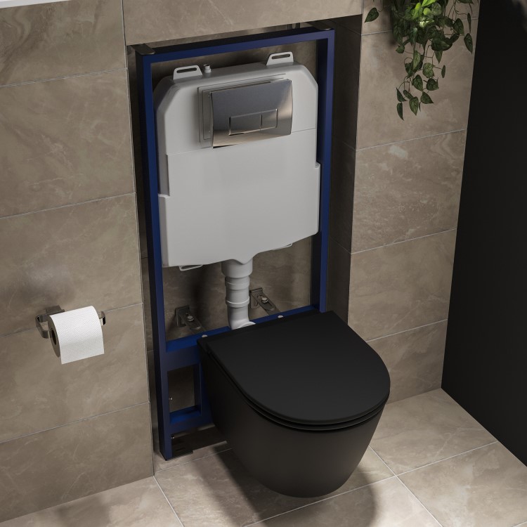 Matt Black Wall Hung Rimless Toilet with Soft Close Seat, Chrome Pneumatic Flush Plate, 1170mm Frame & Cistern - Newport