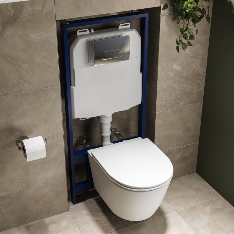 Matt White Wall Hung Rimless Toilet with Soft Close Seat, Chrome Pneumatic Flush Plate, 1170mm Frame & Cistern - Newport