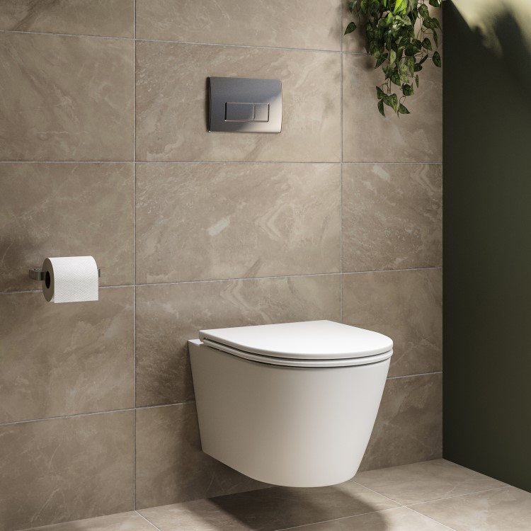 Matt White Wall Hung Rimless Toilet with Soft Close Seat, Chrome Pneumatic Flush Plate, 1170mm Frame & Cistern - Newport