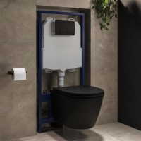 Matt Black Wall Hung Rimless Toilet with Close Seat, Matt Black Pneumatic Flush Plate, 1170mm Frame & Cistern - Newport