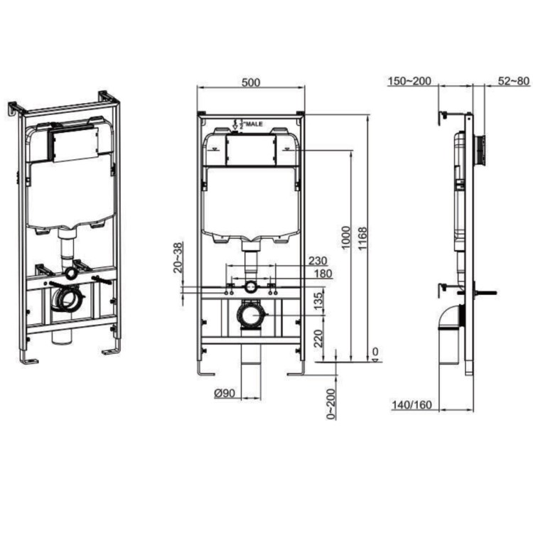 Matt White Wall Hung Rimless Toilet with Soft Close Seat, Chrome Pneumatic Flush Plate, 1170mm Frame & Cistern - Newport