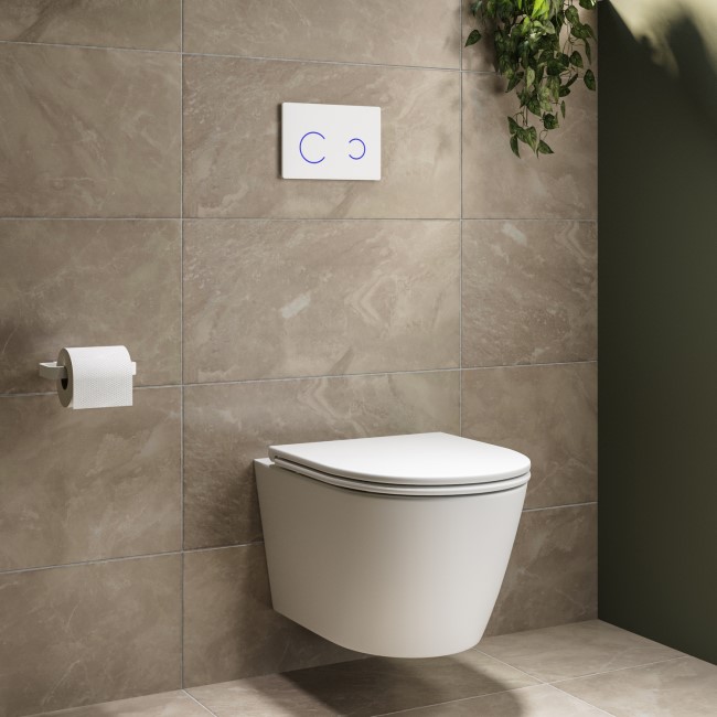 Matt White Wall Hung Rimless Toilet with Soft Close Seat, White Glass Sensor Pneumatic Flush Plate, 1170mm Frame & Cistern - Newport