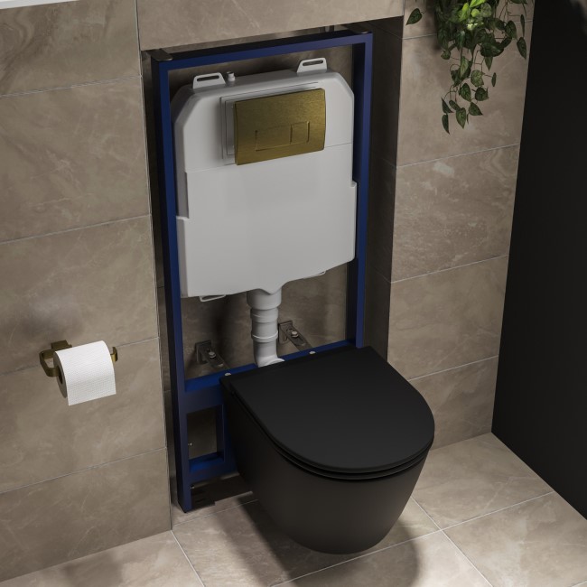 Matt Black Wall Hung Rimless Toilet with Soft Close Seat, Brushed Brass Pneumatic Flush Plate, 1170mm Frame & Cistern - Newport