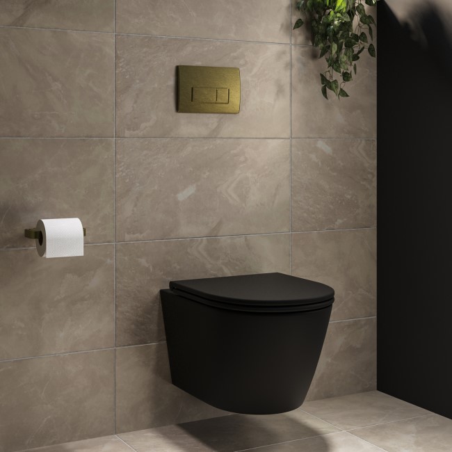 Matt Black Wall Hung Rimless Toilet with Soft Close Seat, Brushed Brass Pneumatic Flush Plate, 1170mm Frame & Cistern - Newport