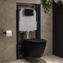 Matt Black Wall Hung Rimless Toilet with Soft Close Seat, Black Glass Sensor Pneumatic Flush Plate, 1170mm Frame & Cistern - Newport