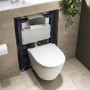 Matt White Wall Hung Rimless Toilet with Soft Close Seat, Chrome Pneumatic Flush Plate, 820mm Frame & Cistern - Newport