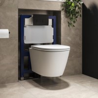 Matt White Wall Hung Rimless Toilet with Soft Close Seat, Matt Black Pneumatic Flush Plate, 820mm Frame & Cistern - Newport