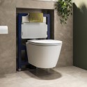 BUN/NEWWHMW/95053 Matt White Wall Hung Rimless Toilet with Soft Close Seat, Brushed Brass Pneumatic Flush Plate, 820mm Frame & Cistern – Newport