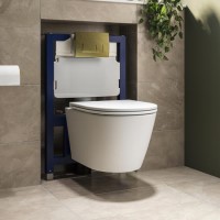 Matt White Wall Hung Rimless Toilet with Soft Close Seat, Brushed Brass Pneumatic Flush Plate, 820mm Frame & Cistern - Newport