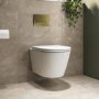 Matt White Wall Hung Rimless Toilet with Soft Close Seat, Brushed Brass Pneumatic Flush Plate, 820mm Frame & Cistern - Newport