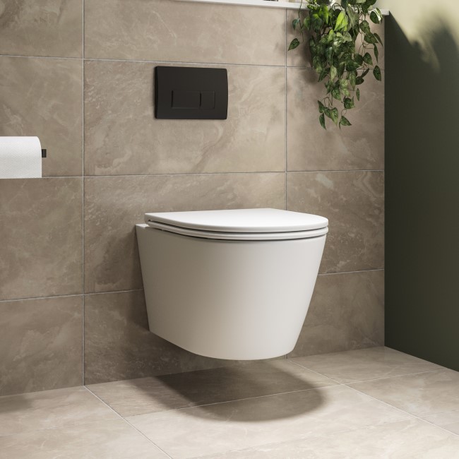 Matt White Wall Hung Rimless Toilet with Soft Close Seat, Matt Black Pneumatic Flush Plate, 820mm Frame & Cistern - Newport