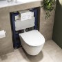 Matt White Wall Hung Rimless Toilet with Soft Close Seat, White Glass Sensor Pneumatic Flush Plate, 820mm Frame & Cistern - Newport