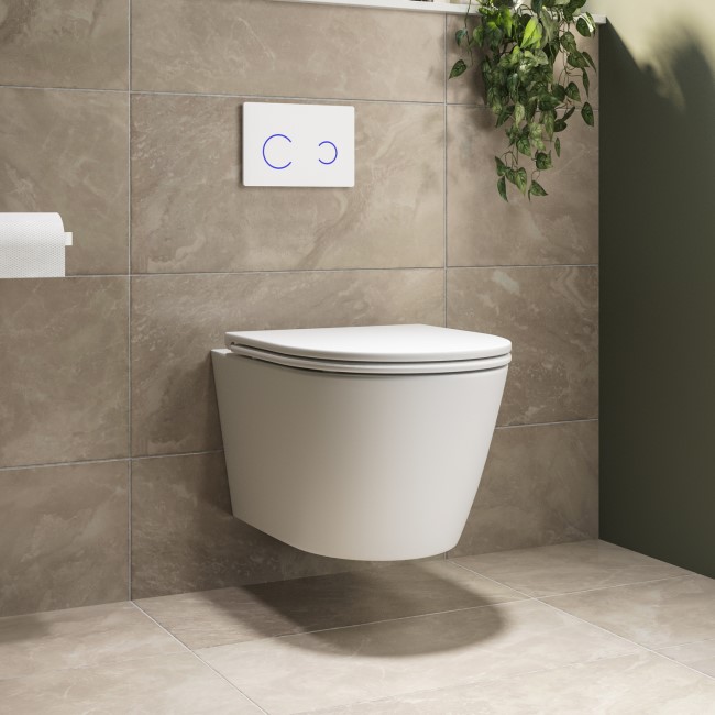 Matt White Wall Hung Rimless Toilet with Soft Close Seat, White Glass Sensor Pneumatic Flush Plate, 820mm Frame & Cistern - Newport