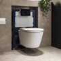 Matt White Wall Hung Rimless Toilet with Soft Close Seat, Black Glass Sensor Pneumatic Flush Plate, 820mm Frame & Cistern - Newport