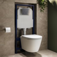 Matt White Wall Hung Rimless Toilet with Soft Close Seat, Chrome Mechanical Flush Plate with 1160mm Frame & Cistern - Newport