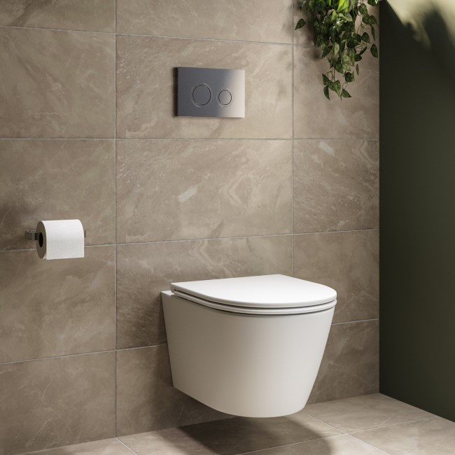 Matt White Wall Hung Rimless Toilet with Soft Close Seat, Chrome Mechanical Flush Plate with 1160mm Frame & Cistern - Newport