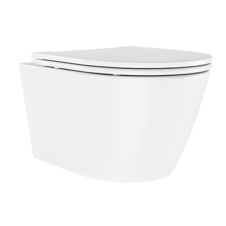 Matt White Wall Hung Rimless Toilet with Soft Close Seat, Chrome Mechanical Flush Plate with 1160mm Frame & Cistern - Newport