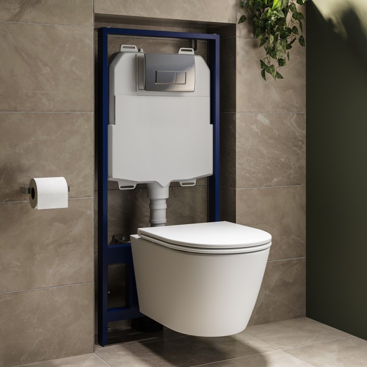 Matt White Wall Hung Rimless Toilet with Soft Close Seat, Chrome Pneumatic Flush Plate, 1170mm Frame & Cistern - Newport