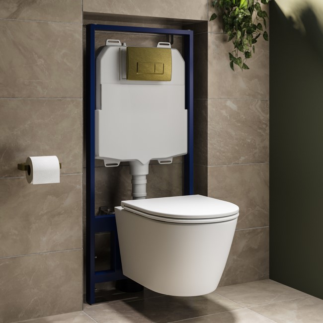 Matt White Wall Hung Rimless Toilet with Soft Close Seat, Brushed Brass Pneumatic Flush Plate, 1170mm Frame & Cistern - Newport