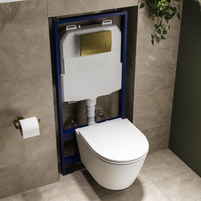 Matt White Wall Hung Rimless Toilet with Soft Close Seat, Brushed Brass Pneumatic Flush Plate, 1170mm Frame & Cistern - Newport