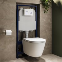 Matt White Wall Hung Rimless Toilet with Soft Close Seat, White Glass Sensor Pneumatic Flush Plate, 1170mm Frame & Cistern - Newport