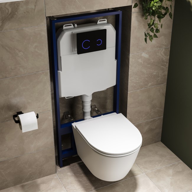 Matt White Wall Hung Rimless Toilet with Soft Close Seat, Black Glass Sensor Pneumatic Flush Plate, 1170mm Frame & Cistern - Newport