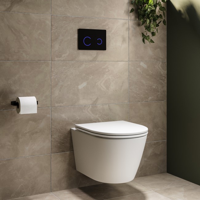 Matt White Wall Hung Rimless Toilet with Soft Close Seat, Black Glass Sensor Pneumatic Flush Plate, 1170mm Frame & Cistern - Newport