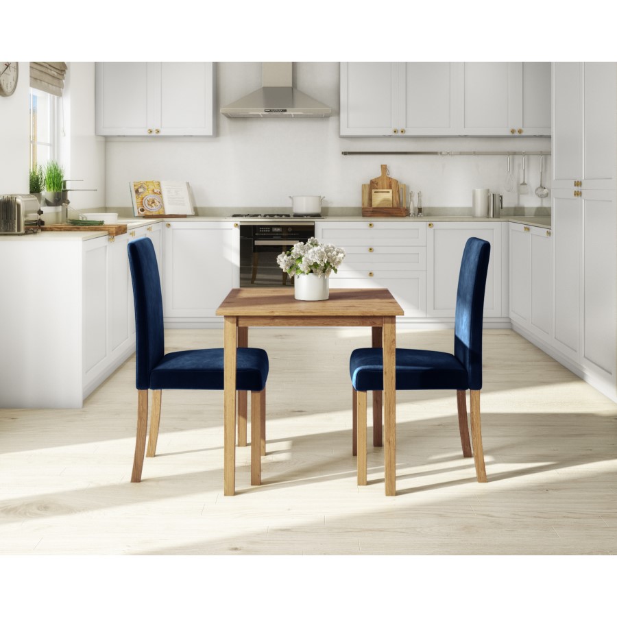 Small Oak Dining Table & 2 Blue Velvet Chairs - New Haven