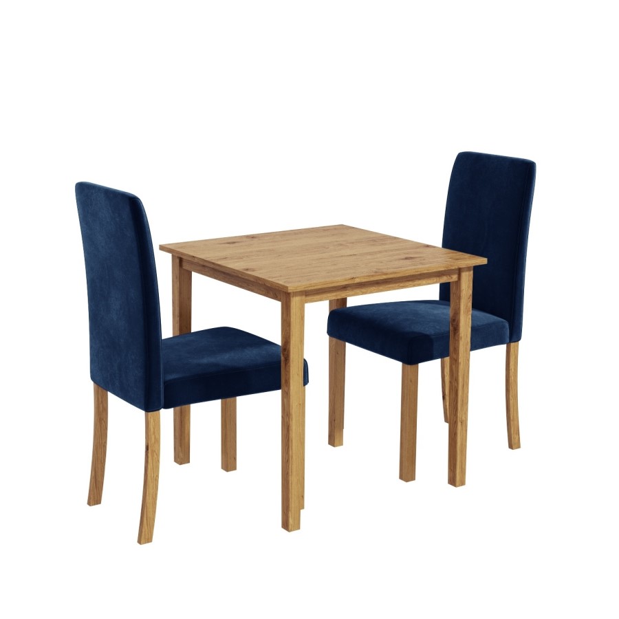 Small Oak Dining Table & 2 Blue Velvet Chairs - New Haven
