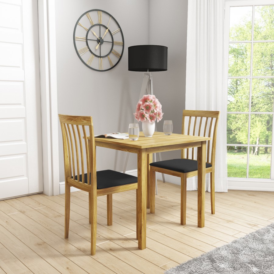 New Haven Light Oak Dining Table with 2 Slatted Back Black Chairs