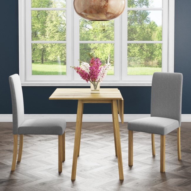 New Haven Oak Dining Set with Small Drop Leaf Table & 2 Grey Fabric Chairs
