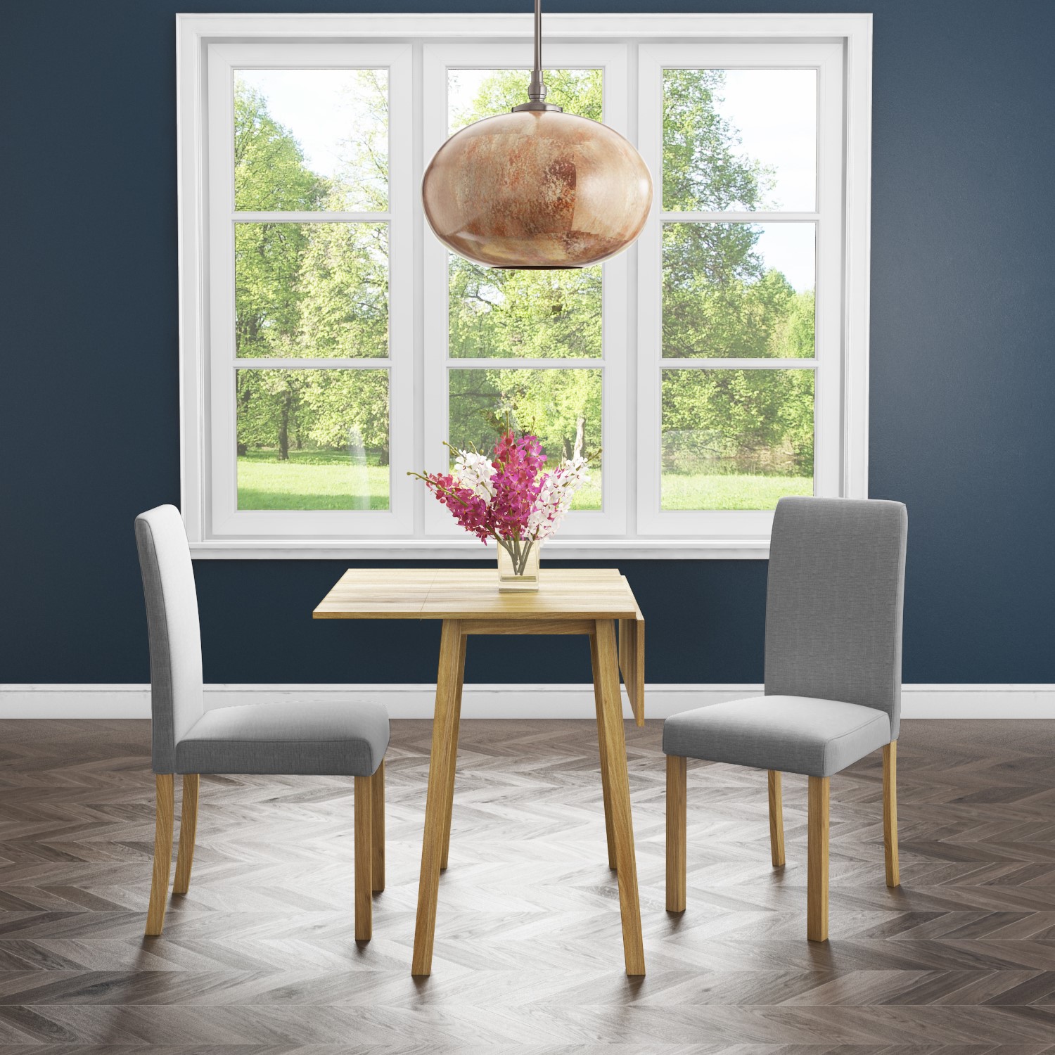 New Haven Oak Dining Set With Small Drop Leaf Table 2 Grey Fabric Chairs