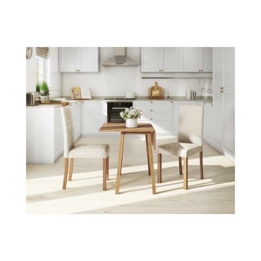 Oak Drop Leaf Dining Table & 2 Cream Velvet Chairs