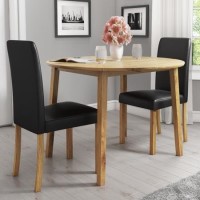 New Haven Oak Set with Round Drop Leaf Dining Table & 2 Black Faux Leather Chairs