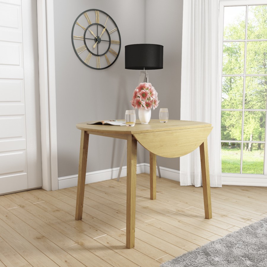 New Haven Oak Set with Round Drop Leaf Dining Table & 2 Black Faux Leather Chairs