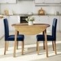 Round Oak Drop Leaf Dining Table & 2 Blue Velvet Chairs - New Haven