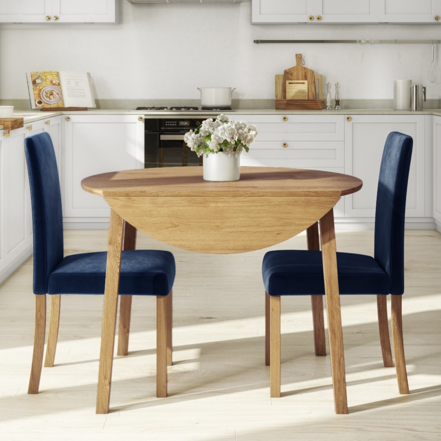 Round Oak Drop Leaf Dining Table 2 Blue Velvet Chairs New