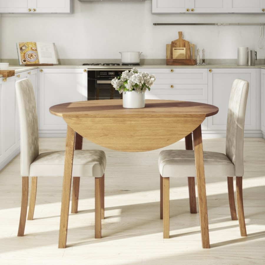 Round Oak Drop Leaf Dining Table & 2 Cream Velvet Chairs - New Haven