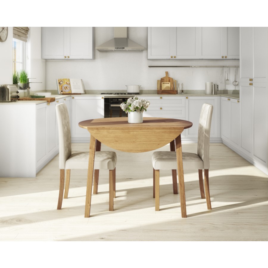 Round Oak Drop Leaf Dining Table & 2 Cream Velvet Chairs - New Haven