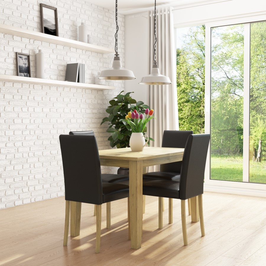 New Haven Oak Extendable Dining Set with 4 Black Leather Dining Chairs