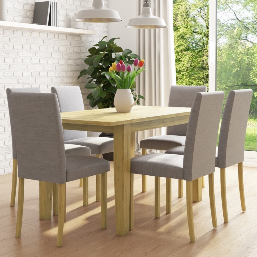 New Haven Oak Extendable Dining Set with 6 Grey Fabric Chairs