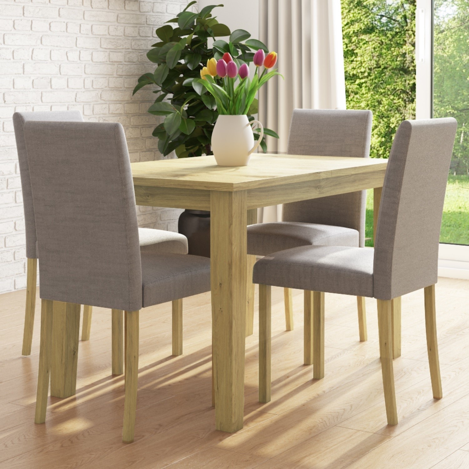 New Haven Oak Extendable Dining Set With 4 Grey Fabric Dining Chairs Furniture123 New Haven Oak Extendable Dining Set With 4 Grey Fabric Dining Chairs Furniture123