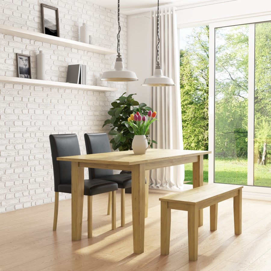 New Haven Oak Extendable Dining Set with 2 Black Faux Leather and 1 Bench