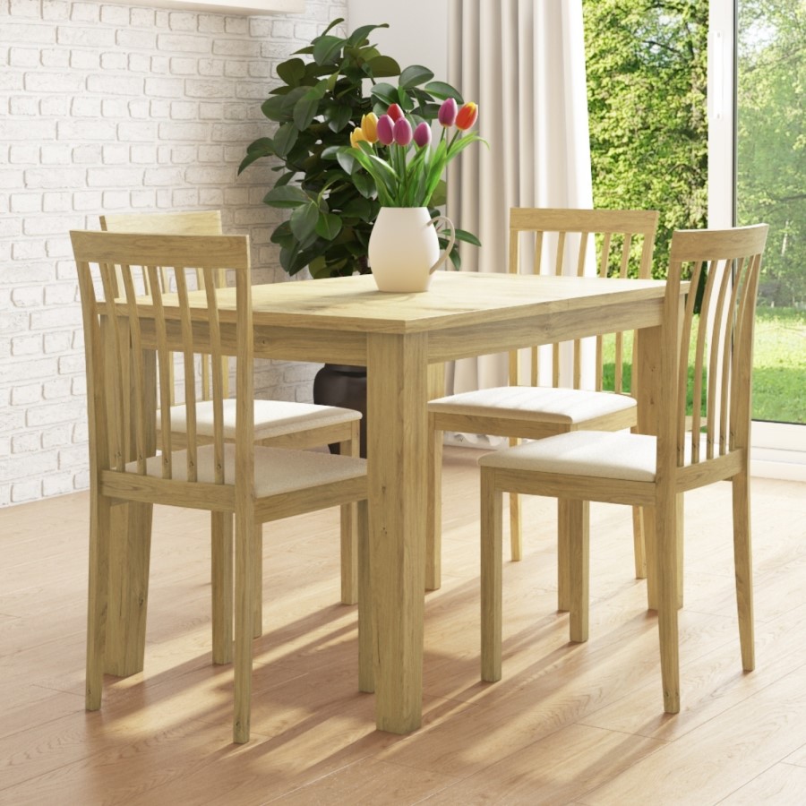 New Haven Oak Extendable Dining Set with 4 Wooden Chairs in Cream Fabric