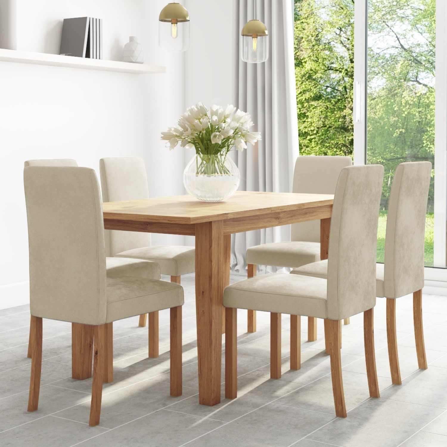 Oak Extendable Dining Table 6 Cream Velvet Chairs New Haven Furniture123