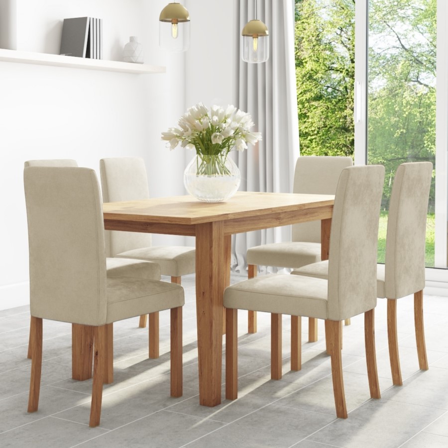Oak Extendable Dining Table & 6 Cream Velvet Chairs - New Haven