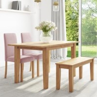 Oak Extendable Dining Table with 2 Pink Velvet Chairs & 1 Bench - New Haven