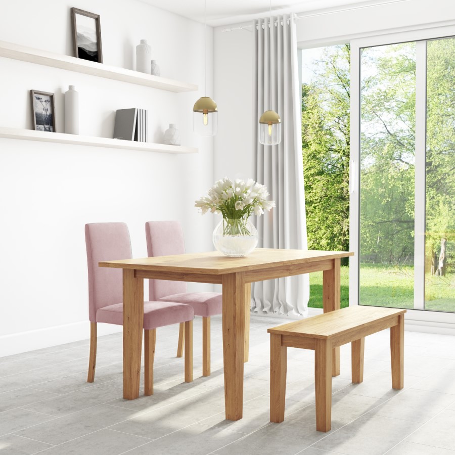 Oak Extendable Dining Table with 2 Pink Velvet Chairs & 1 Bench - New Haven