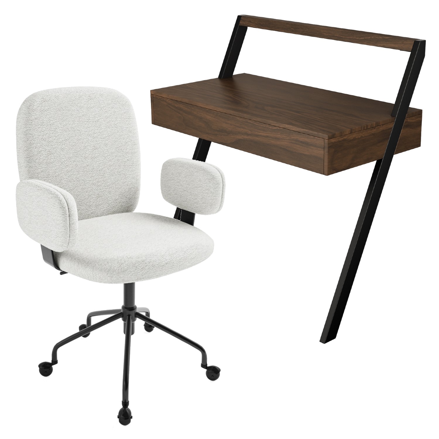 Lean Rig Desk Walnut Wall Mounted Leaning Desk with Drawer & Cream Boucle Office ...