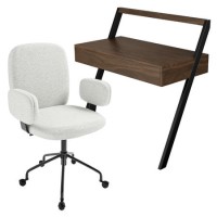 Walnut & Cream Boucle Office Leaning Desk and Chair Set - Nico Walnut & Cream Boucle Office Leaning Desk and Chair Set - Nico